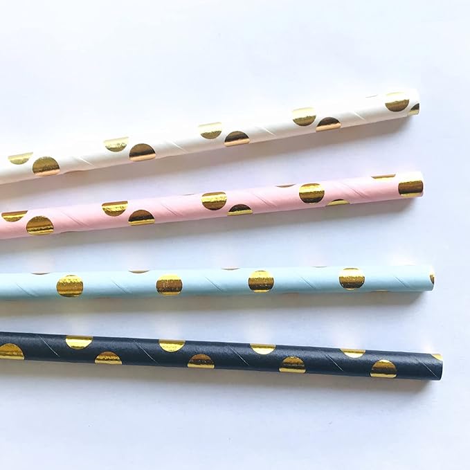 100 pcs Mixed Colorful Party Paper Straws, Colored Black Light Pink Blue White Gold Foil Polka Dot Drinking Straws Bulk, Disposable Craft Holiday Birthday Wedding Cake Pop Sticks (Metallic Dot)