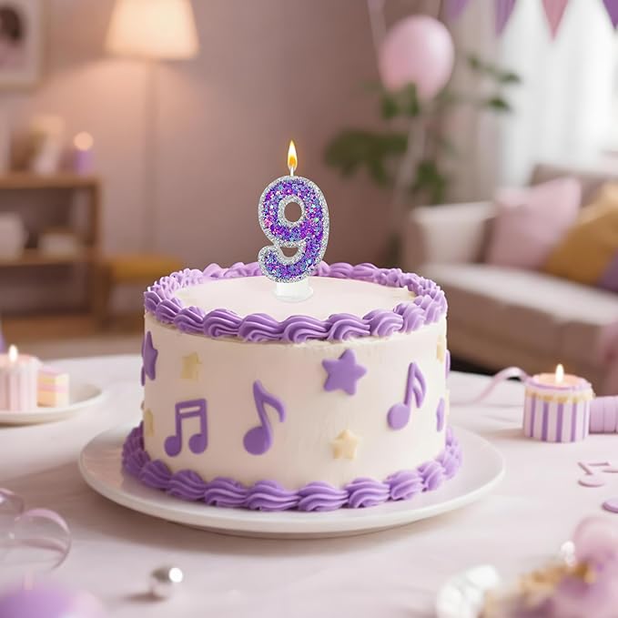 K-pop Number 9 Birthday Candle, Star Glitter Filled Number Candle, Purple Silver Fantasy Cake Topper for Birthday Party Decoration