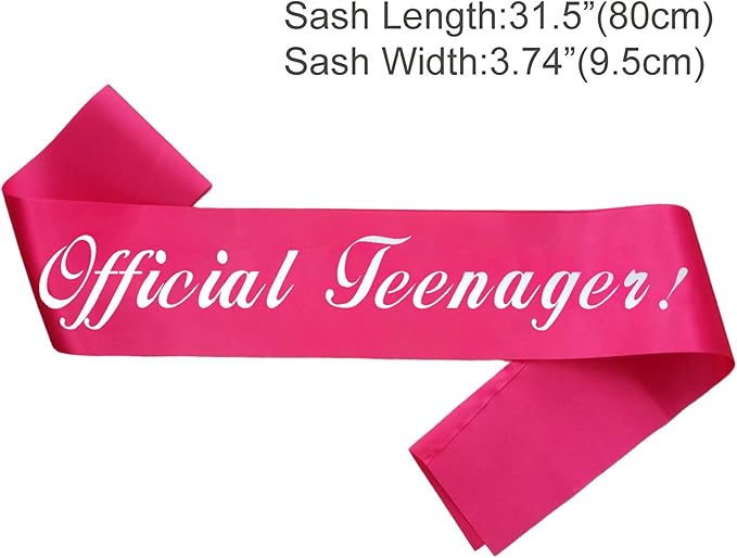 Official Teenager Sash, Silver Foil 'Official Teenager' Pink Birthday Sash for Girl 13th Birthday Party Decorations Gifts Favors