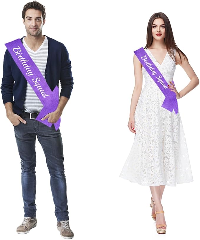 10 Pcs Birthday Squad Sash for Men or boys 16th, 18th 21st 30th 40th 50th 60th or Any Other Bday Party Supplies Decorations (Purple+White)