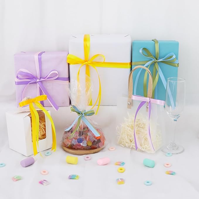 TONIFUL 6 Rolls Easter Satin Ribbon 3/8 Inch Assorted Solid Colors Pastel Ribbons for Gift Wrapping, Flower Bouquet, Hair Bows, Wreath Decor, Baby Showe Birthday Easter Party Decor (25 Yards/Roll)