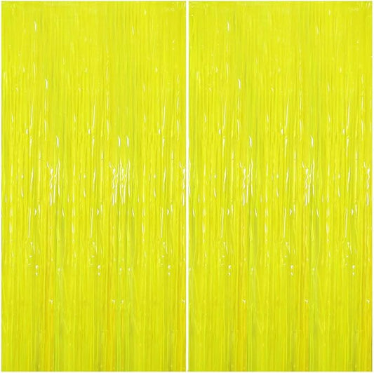 2pcs Glow in The Dark Party Supplies Neon Party Decorations 39 * 78 Inch Pale Yellow Fluorescent Macaron Tassel Backdrop Foil Curtain Suitable for Fluorescent Birthday and Light Party Decorations.
