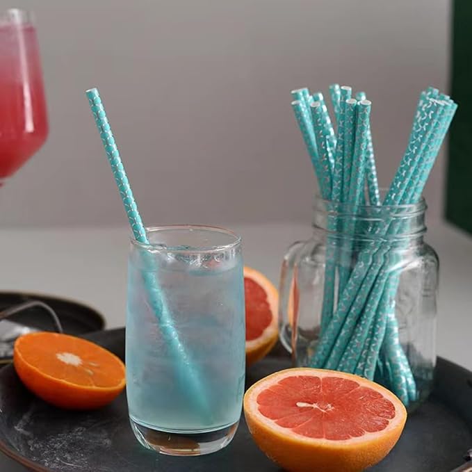 100 pcs Under The Sea Party Paper Straws, Aqua Mermaid Fish Silver Foil Scale Drinking Straws, Kids Birthday Baby Shower Ocean Beach Pool Tropical Summer Hawaiian Cake Pop Sticks (Aqua With Scale)