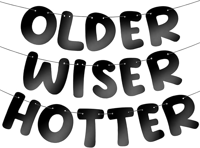 Fulmoon Set of 3 Pre Strung Older Wiser Hotter Glitter Banner Funny Birthday Banner for Women 30th 40th 50th 60th 70th 80th Birthday Party Decorations Sign Gift(Bright Black)