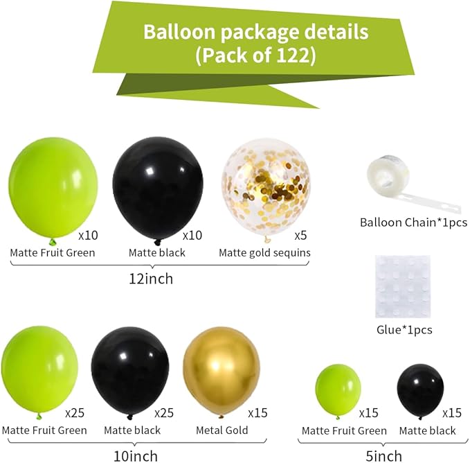 Lime Green Black Balloon Arch Kit - Lime Green Black Balloon Metallic Gold Balloons for Camo Military Hero Video Game Miner Birthday Graduation Wedding Party Decorations
