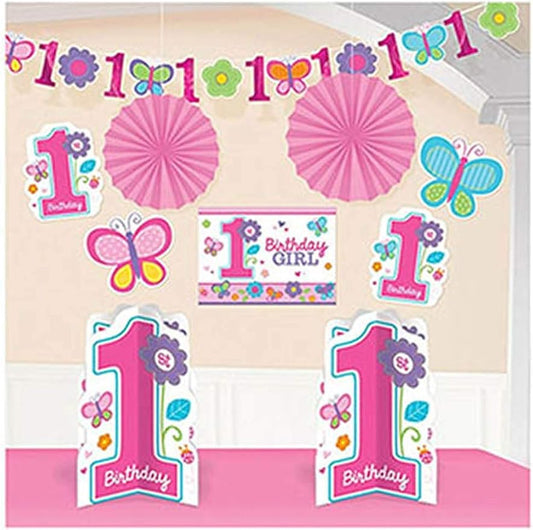 Flowers and Butterflies Girl's 1st Birthday Party Assorted Room Decorating Kit, 10-Piece, Assorted Sizes