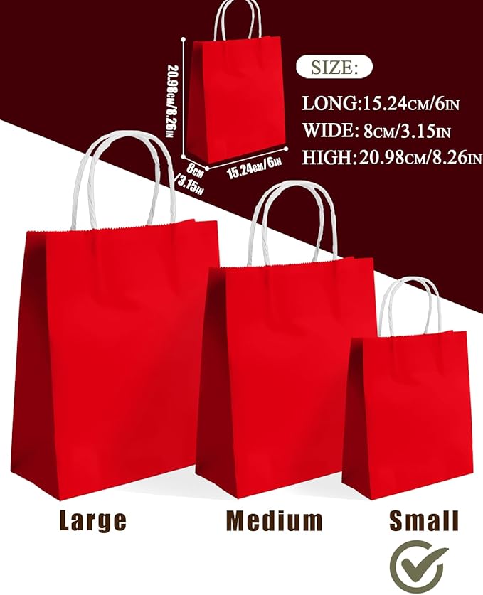 qiqee 24PCS Small Gift Bag with Handles Bulk 8.3"x6"x3" Gift Bags Red Bags Multiple Uses (Small Size)