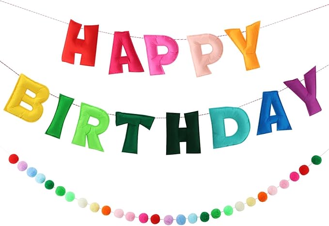 Pre-Strung Happy Birthday Banner,Felt Ball Garland HAPPY BIRTHDAY Pennant Flag,Colorful Rainbow-Birthday Decorations, Multicolor BuntingTriangle Flags,Party Decor,Photo Prop(43 Pcs)