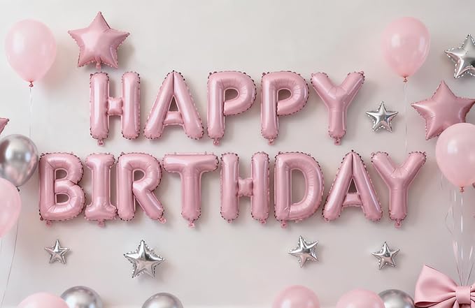 Pink Happy Birthday Banner Balloon Aluminum Foil 16 Inch Letter,Bright Pink 10 Inch Five Pointed Star Four Pointed Star Suitable for Kids, Men, Women, Boys and Girls Party Decoration Supplies