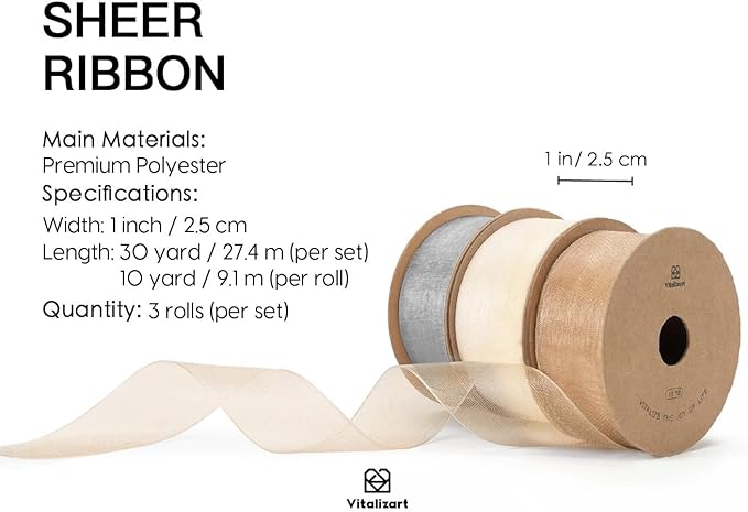 Vitalizart Organza Sheer Ribbon 1 inch x 30 Yd Cream White Rose Gold & Silver Handmade Fabric Ribbons for Gift Wrapping Christmas Tree Crafts Bows Wedding Invitations Wreaths Wrap