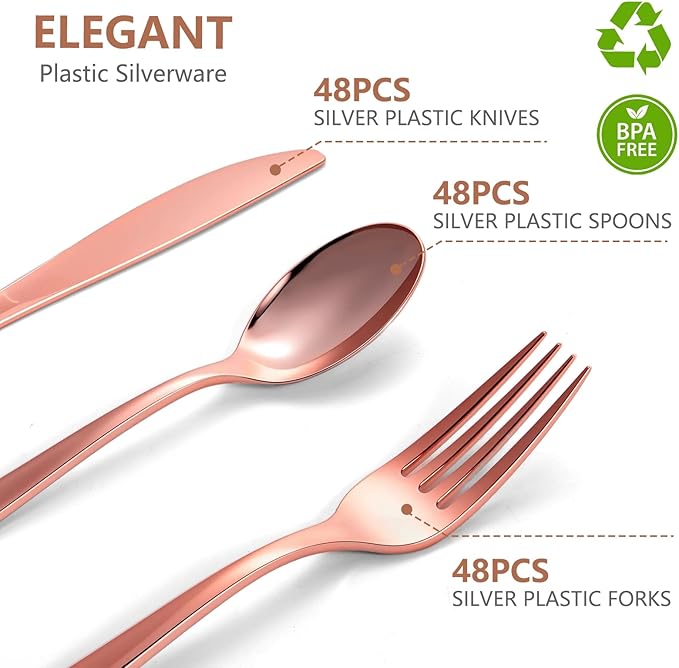 144 Pack Rose Gold Premium Heavy Duty Plastic Silverware, 48 Forks, 48 Knives, 48 Spoons, Perfect for Valentine's Day, Parties, Dinners, Weddings, BPA-Free, Disposable Plastic Cutlery Set Utensils Set