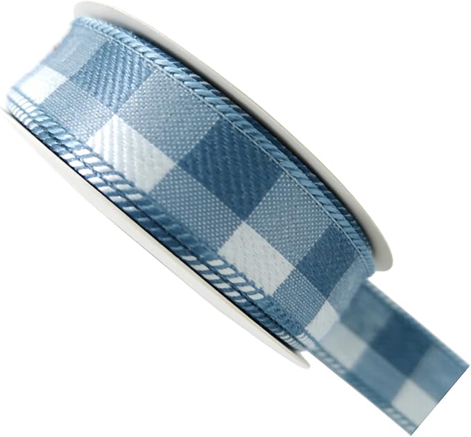 Meseey 7/8 Inch Blue and White Plaid Wired Ribbon, 10 Yards Patriotic Check Wired Edge Ribbon for Gift Wrapping, Crafts, Wreaths, Bouquets, Holiday & Home Decor