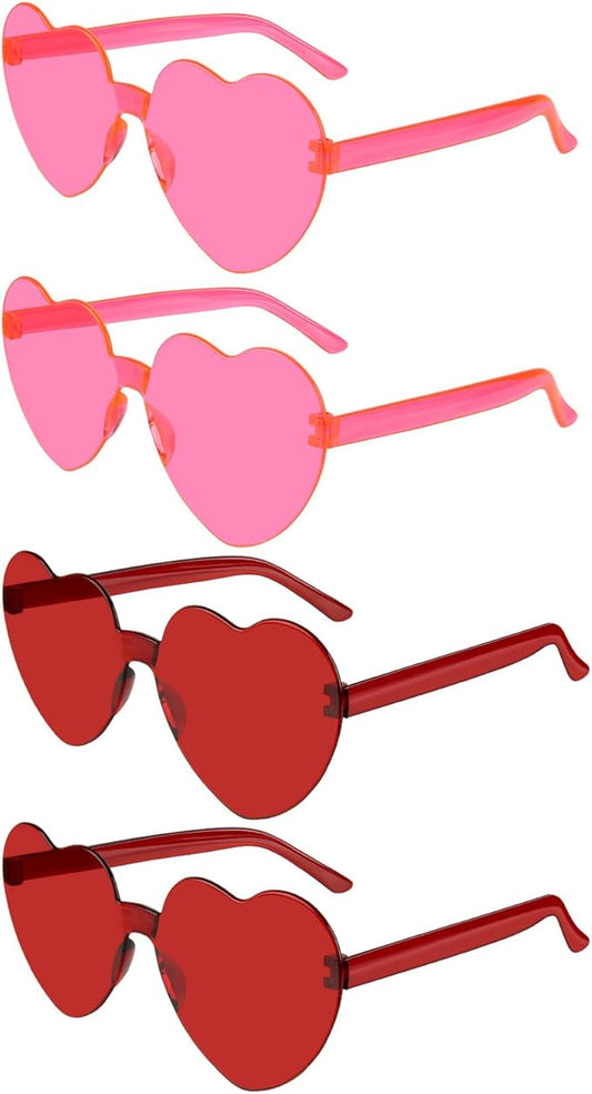 NACHLYNN 4 Pairs Rose Red and Red Heart Shaped Sunglasses for Women - Rimless Heart Glasses for Party Favors