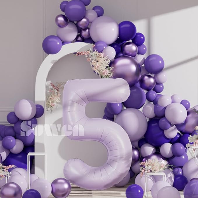 SUWEN 40 Inch Light Purple Large 5 Balloon Number Big Foil Helium Lavender Number Balloons Huge Mylar 0-9 Giant Jumbo Happy 5th Birthday Party Anniversary Decorations