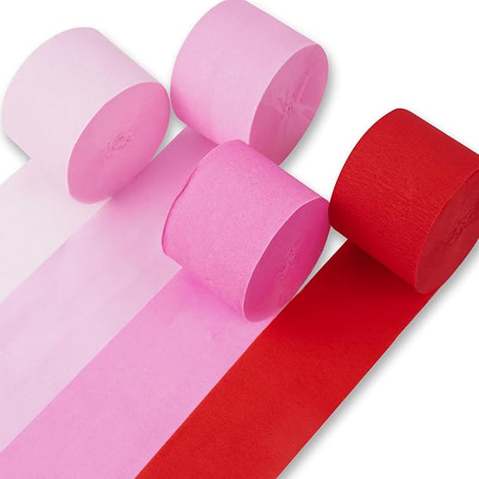 PartyWoo Pink Crepe Paper Streamers 4 Rolls 328 ft Pack of Dark Light Pastel Pink Red Crepe Paper for Baby Shower Gender Reveal Valentine's Day Birthday Party Decorations (1.8 Inch x 82 Ft/Roll)