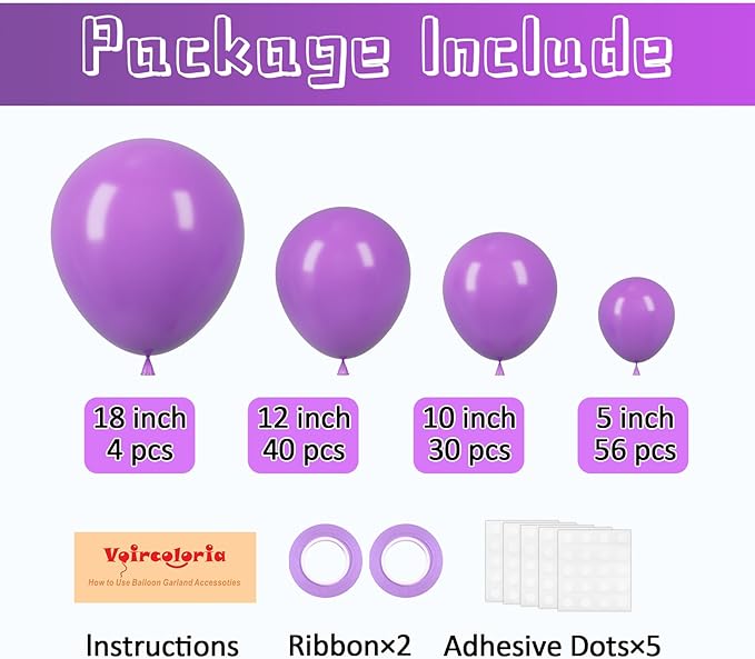 Voircoloria 130pcs Purple Balloons Different Sizes 18" 12" 10" 5" Party Latex Balloons for Birthday Baby Shower Halloween Wedding Valentine's Day Party Bachelorette Decorations