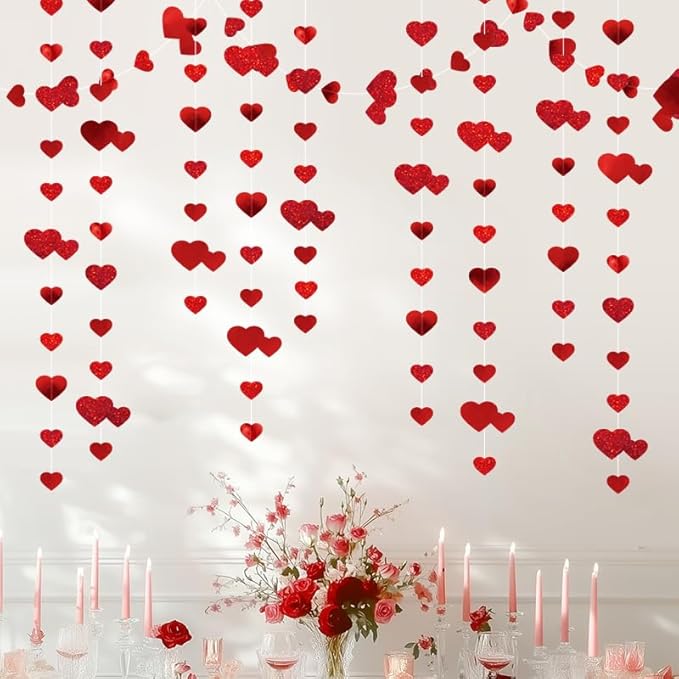 Red Heart Garland Hanging Sparkling Love Streamer Glitter Bunting Banner Twinkle Heart Backdrop for Wedding Engagement Valentines Galentines Birthday Party Decor 40 Feet