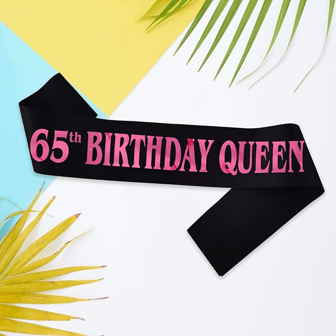 65th Birthday Queen Sash, Pink Foil Black Satin Birthday Sash for Women 65th Fabulous Birthday Party Gift Decorations Favors