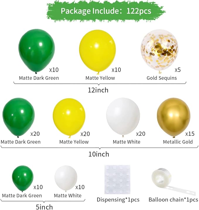 Dark Green, White, Metallic Gold, Yellow Balloons Set - 122PCS Tractor Party Supplies Latex Balloons for Tractor Birthday Baby Shower Farm yard Tractor Wedding Party Supplies