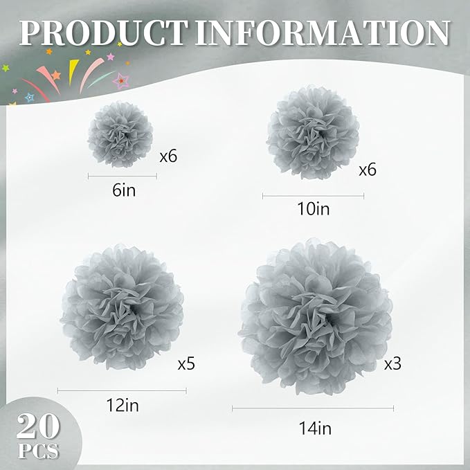 20 PCS Grey Tissue Paper Pom Poms, Tissue Pom Poms Flowers, Sizes of 6", 10", 12", 14" Hanging Paper Flower Ball for Wedding, Birthday, Halloween, Christmas, Baby Shower Party Decor