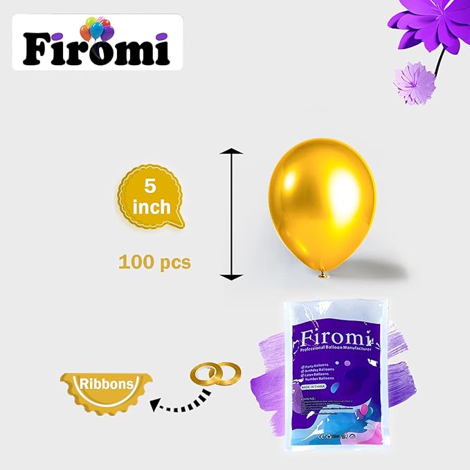 Firomi Metallic Gold Balloons 5-inch 100 Pack Helium Small-Medium Shiny Round Chrome Gold Thicken Latex Balloon for Wedding Birthday Party (with 2 Ribbons)