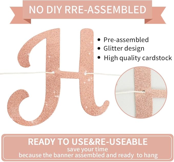 BEISHIDA Happy Birthday Banner - NO DIY,Rose Gold 10Feet Pre-Strung-Glitter Birthday Sign Garland Backdrop Decorations for Women men Party