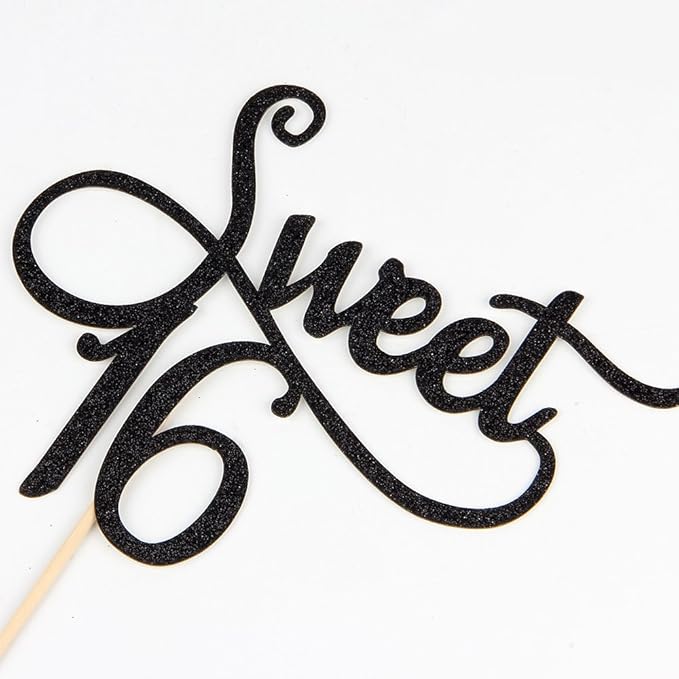 Black Glitter Sweet 16 Cake Topper -16th Birthday Cake Topper - Sweet Sixteen Party Themes Decoration Supplies