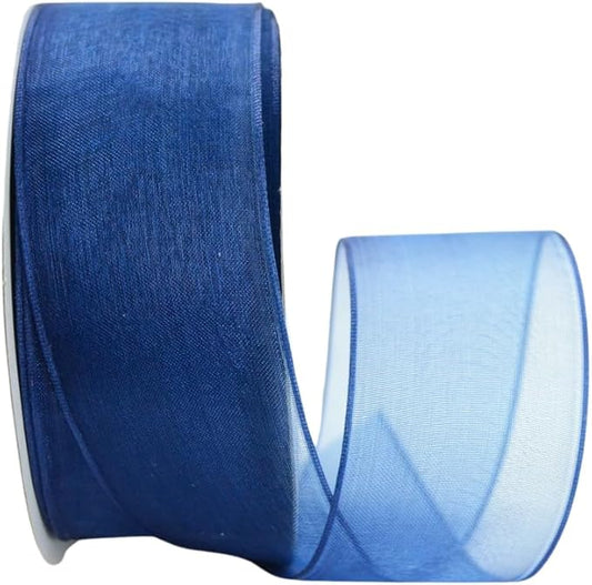 Ribbon Bazaar Sheer Organza Wired Ribbon - Wire Edged Ribbon for Floral Decor, Table Arrangements, Apparel Embellishment & More - 1-1/2" Navy 25yd Spool