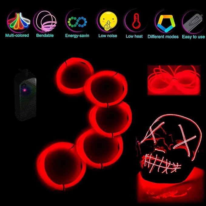 Neon Light 5-in-1 Meter Wire，Portable Battery Pack with Decorative Wire，Suitable for Birthday Parties，Thanksgiving and Other Occasions. (Red)