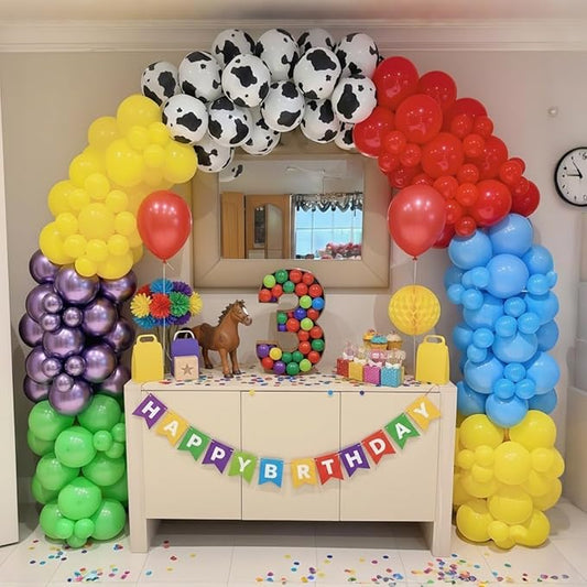 126pcs Toy Balloon Arch Kit, Rainbow Cow Print Latex Balloon Garland Set, Colorful Birthday Balloons for Kids Boys First 1st 2nd Birthday Party Decor Baby Shower Party Decorations Supplies