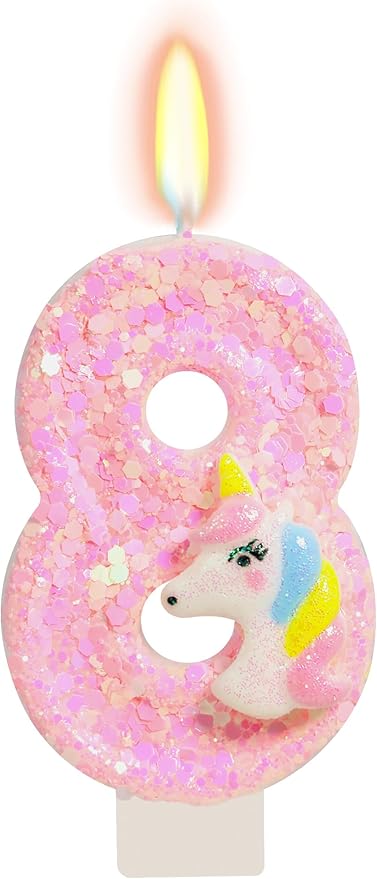 Birthday Candles - Number 8 Candle, 8th Birthday Decorations for Girl, Pink Unicorn Candles for Cake Topper, Cartoon Theme Party Supplies