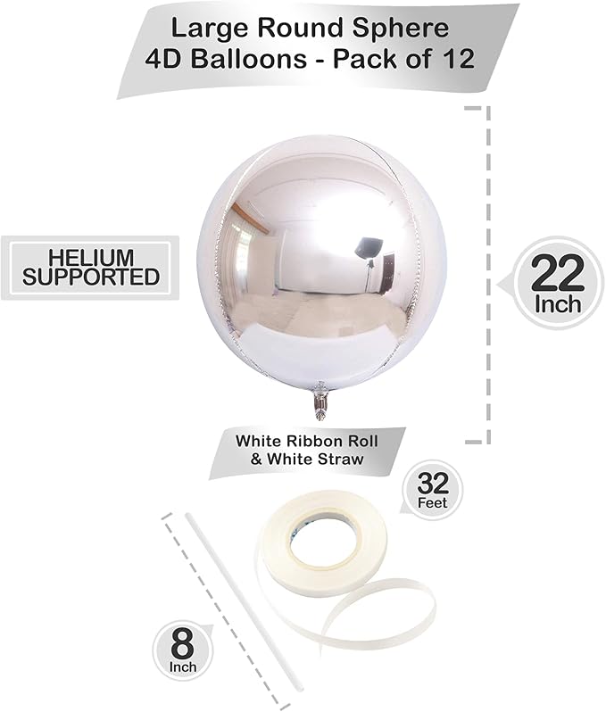 KatchOn, Huge Metallic Silver Balloons - 22 Inch, Pack of 12 | 4D Round Mylar Balloons for Silver Party Decorations, Birthday Party, Graduation Decorations 2026, Engagement, Prom Decorations 2026