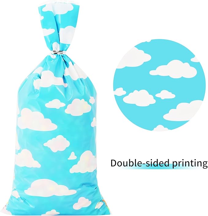Lecferrarc 100 Pcs Blue Sky White Clouds Treat Bags White Clouds Print Cellophane Candy Bags Cartoon Story Party Favors with Twist Ties for Birthday Party Baby Shower Supplies