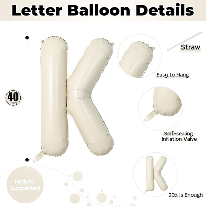 Giant Alphabet K Foil Balloons, Nude Cream White Custom Mylar Letters Balloon Birthday Decor, 40 Inch Helium Self Inflating Beige K Name Balloons Letter for Girls Baby Shower Party Decoration Supplies
