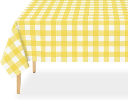 QIKSION Yellow Gingham Tablecloth Disposable 2 Pack, 54 x 108 Inch Yellow and White Checkered Table Cloth for Easter Decorations, Birthday Party Supplies, Rectangle, Plastic Table Cover