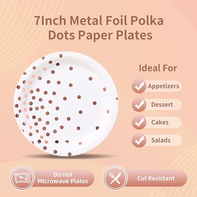 Rose Gold Paper Plates and Napkins Tableware Set-25 x 7''Dessert Plates & 25 x 6.5''Napkins & 25 x 7.3'' Forks,Rose Party Supplies for Birthday,Wedding,Bridal Showers,Anniversary(Serve 25)