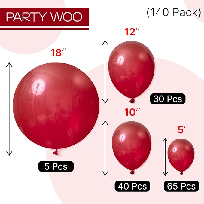 PartyWoo Maroon Balloons 140 pcs Different Sizes of 18 12 10 5 Inch Dark Red Burgundy Ruby Red Balloon Arch Kit Garland for Graduation Valentine's Day Wedding Anniversary Party Decorations Red-Y75