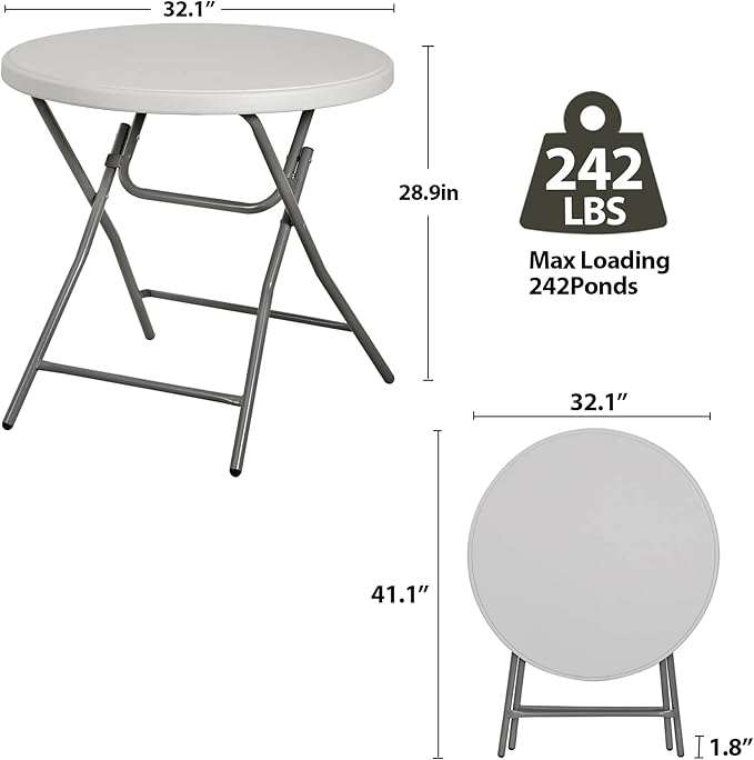 32" Round Folding Table Plastic Card Table Circle Dining Table Heavy Duty Portable w/Handle for Picnic Party Camping Dining Wedding Event Indoor Outdoor Lightweight White