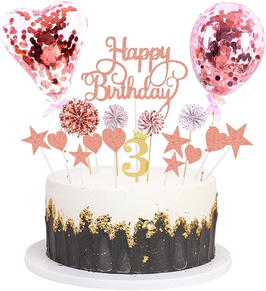 Daimay Pink Birthday Cake Topper Supplies Acrylic Glitter 3rd Happy Birthday Cake Deco with Confetti Balloon Paper Fans Stars Firework Cupcake Toppers for Baby Shower Birthday Party - Rose Gold 3