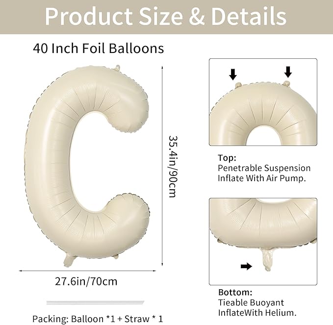 Biapian 40 Inch Letter C Balloons, Giant Cream C Foil Balloon, Big Single Alphabet A-Z Balloons, Beige Large Aluminum C Balloons Helium for Birthday, Baby Shower, Wedding, Anniversary Party Decoration