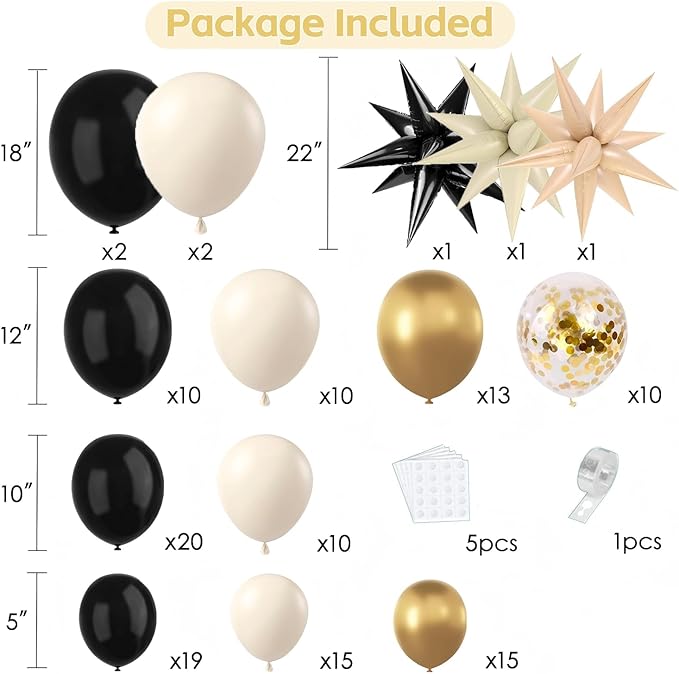 Black White Gold Balloons Arch Kit,Black Beige Sand White Chrome Gold Confetti Balloons Garland Kit with Exploding Star Balloons for New Year Graduation Retirement Birthday Wedding Party Decorations