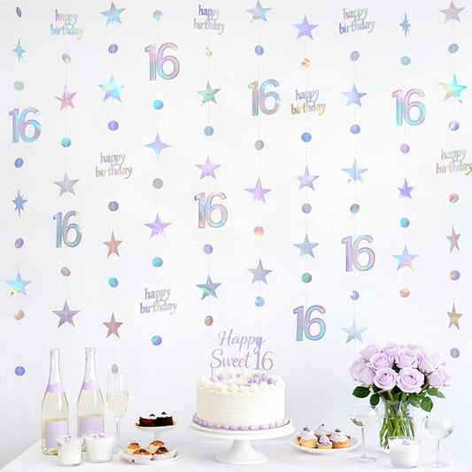 GCQQ 16 Birthday Decorations - 4 Packs Iridescent Holographic Sweet 16 Year Old Star & Circle Hanging Garlands 46FT Happy 16th Birthday Banner Streamers for Girls, Boy, Backdrop & Teen Party Décor