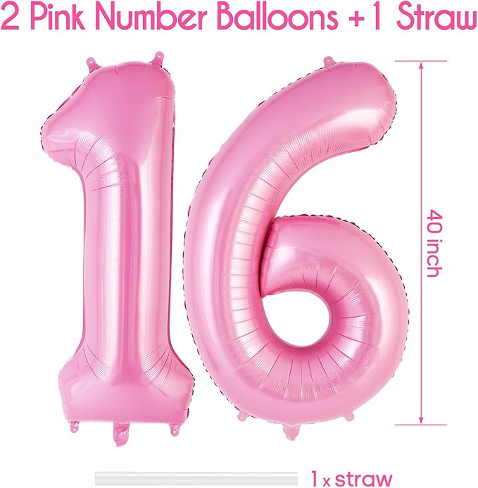 Pink Number 16 Balloon, 40 Inch Big Large Foil Helium Number Balloons, Giant Mylar Number 16 Balloons for 16 Years Old Birthday Party Decorations Supplies Anniversary