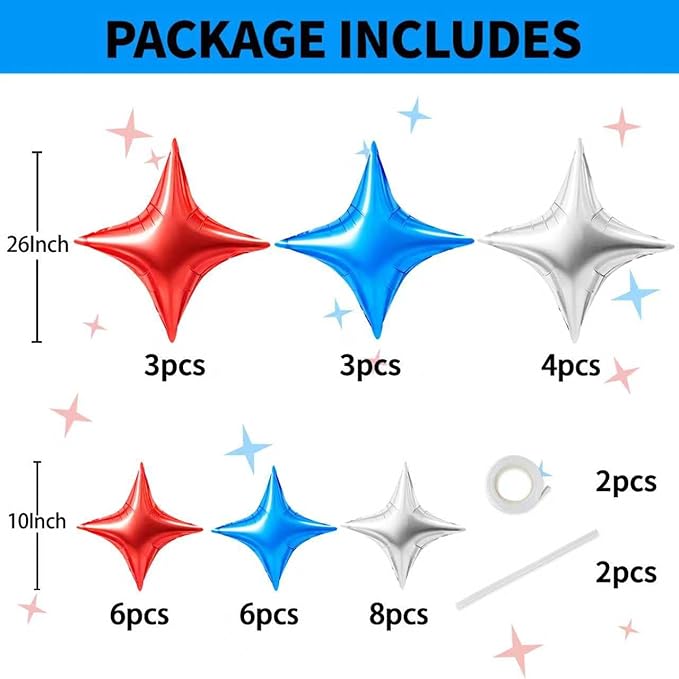 TONIFUL 30Pcs 26In&10In Star Balloons Blue Silver Red Four Pointed Foil Mini Star Mylar Balloons for Birthday Wedding Baby Shower Anniversary Engagement Independence Day Party Decor Supplies