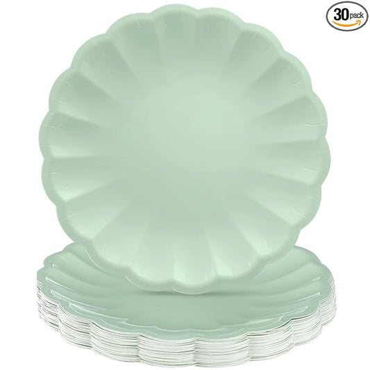 Newtay 30 Pcs Large Scalloped Paper Plates 9.5 Inch Shell Edge Disposable Dinner Plates for Birthday Wedding Baby Shower Party Decorations (Sage Green)