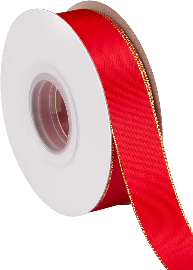 1" Double Face Satin Ribbon with Gold Edge 25 Yards (250-Red), Perfect for Gift Wrapping, Party Decor, Wedding and Craft