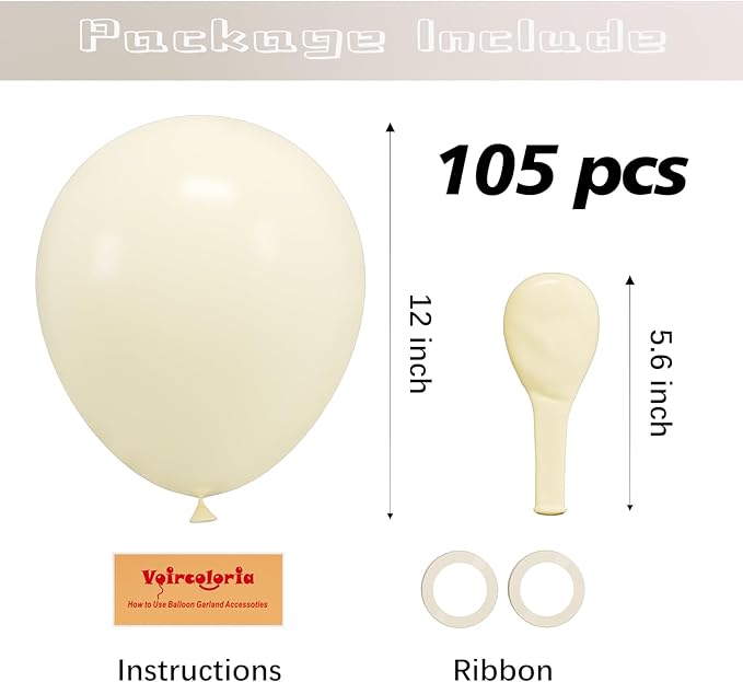 Voircoloria 105pcs Ivory Balloons 12inch Party Latex Balloons for Boys Girls Birthday Baby Shower Gender Reveal Wedding Sunflower Party Decorations