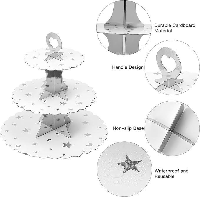 Soleebee 3-Tier Cupcake Stand, Cardboard Cupcake Tower, Dessert Cup Cake Stand Tower for Birthday Wedding Party Decoration, Cupcake Tier Stand 1 Set (Silver Moon and Star)