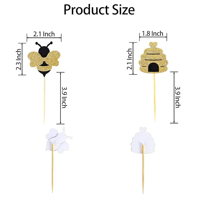 50 Pieces Bee Toothpicks Bulk Bee Cupcake Toppers Glitter Bee Cake Picks Decorations for Birthday Party Favors Supplies