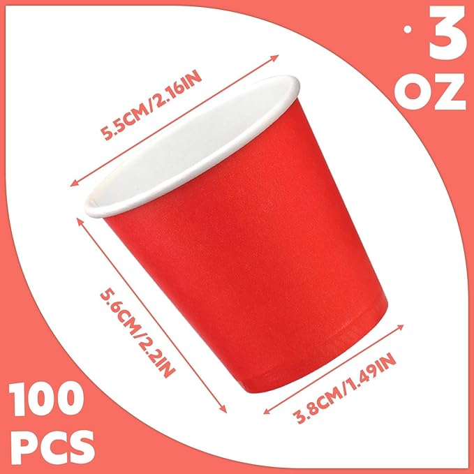 100 Pack 3 oz Paper Cups, Disposable Small Bathroom Cups Red, Mini Disposable Mouthwash Cup, Espresso Cups for Party Travel Picnic BBQ